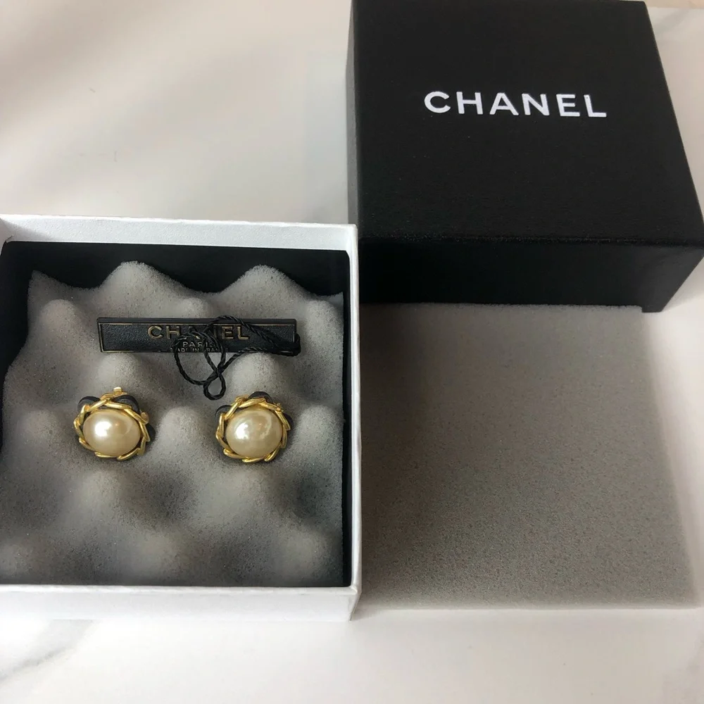 CHANEL Gold and Black Leather Wrapped Pearl Statement Earrings w/ Box